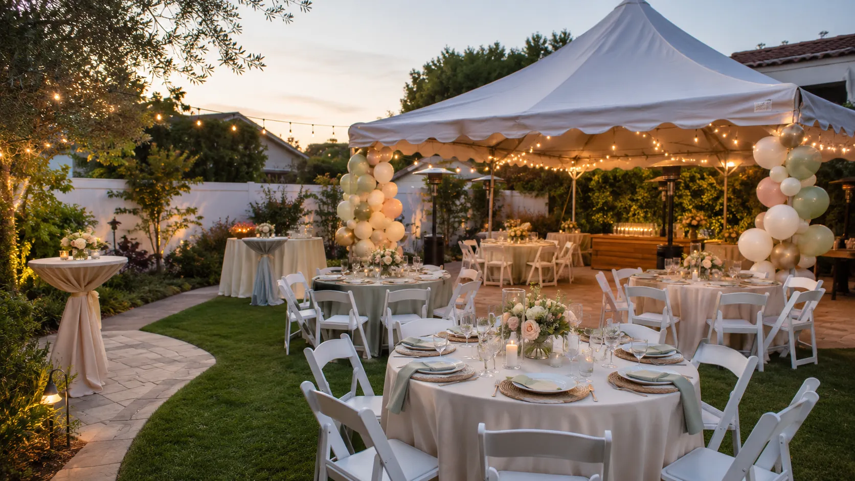 Kelari Party Rentals backyard party rental setup with tables and chairs
